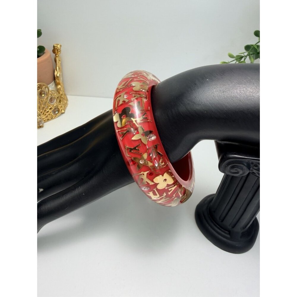 Louis Vuitton Red Lucite Chunky Monogram Bangle Bracelet Statement Sz 8" - Picture 4 of 13